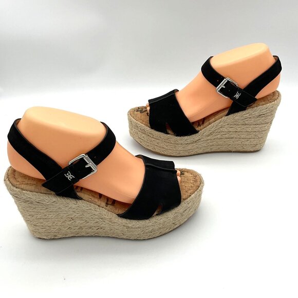 Sam Edelman Maura Espadrille Black Wedge Sandals Jute Trim Suede Upper 8M - Picture 3 of 10